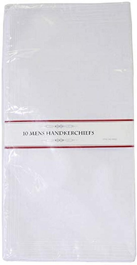Mens Poly/Cotton White Handkerchiefs Pack of 10 with Imprinted Border Detail. (Hankies)