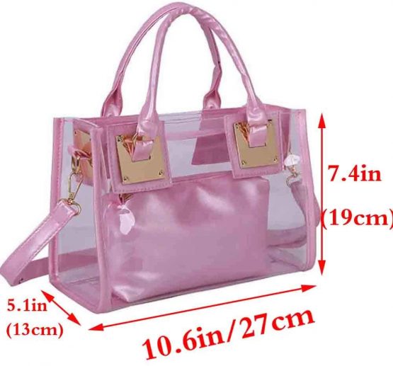 Rullar Women 2 Pcs Small Clear Tote Beach Shoulder Top-Handle Bag PVC Transparent Satchel Handbag Purse Pink - Image 2