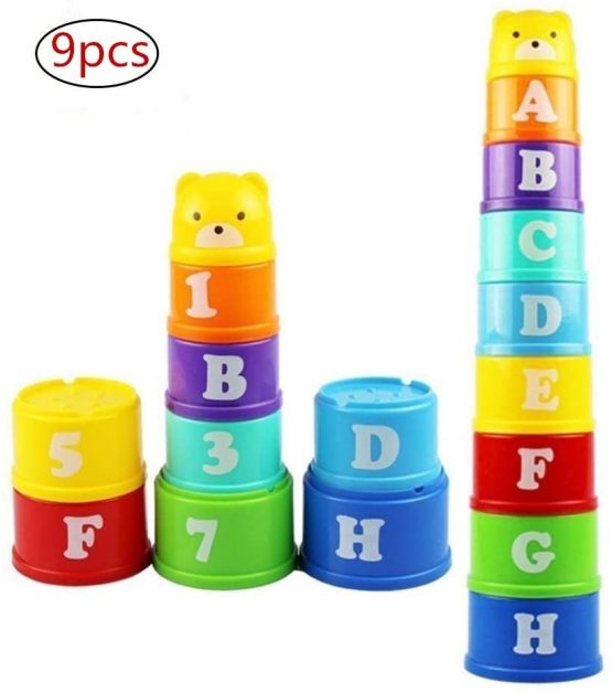 FABSELLER Stacking and Nesting Cups, 9pcs Early Educational Learning and Activity Toys with Plastic Figure and Letter Measure Up Learning Layer Cup Set for Baby Toddler Children kids (Random Color)