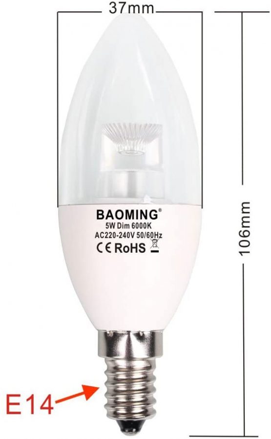 BAOMING Dimmable LED Candle Bulb 5W (40W Equal), E14 Small Screw Cap, 6000 Kelvin Cool White, CRI80, Clear, 220-240 Volt, Pack of 6 - Image 3