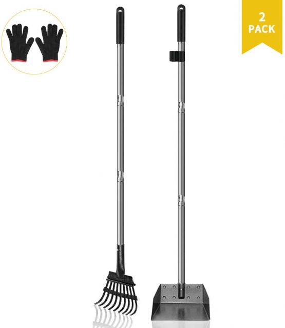 LMLMD Pooper Scooper, Pet Poop Scoop Tray and Rake, 106,7 cm Long Metal Handle Dog Waste Set/Garden Cleaning Kit 2 Pack