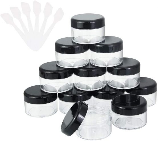 GOLRISEN Cosmetic Container,12pcs Plastic Travel Jars,with Black Screw Lids 15ml Sample Containers Pots Bottles and 6pcs Spatulas for DIY Travel Makeup Creams/Powder/Mineral Make Up Cosmetic