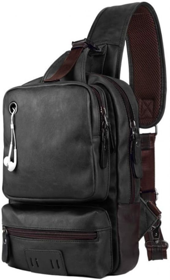 SPAHER Man Bag Leather Sling Bag Backpack Mens Messenger Bag Chest Bag Crossbody Shoulder Bag Daypack Rucksack for Business Outdoor Sports Hiking Camping Travelling Black