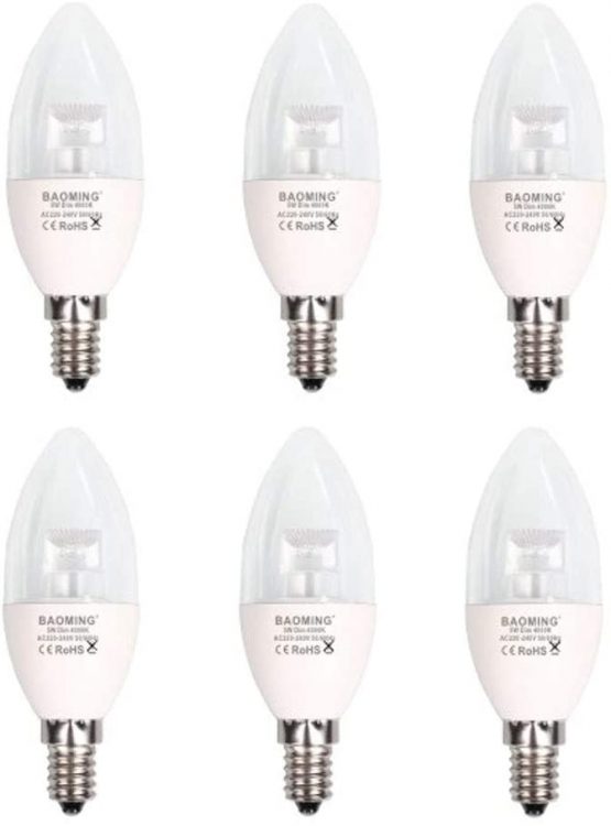 Baoming Dimmable E14 LED Candle Light Bulb 40W Equivalent, 5W Neutral White Candelabra E14 SES Bulbs, 400lm, CRI80, Clear, 220-240 Volt, Pack of 6