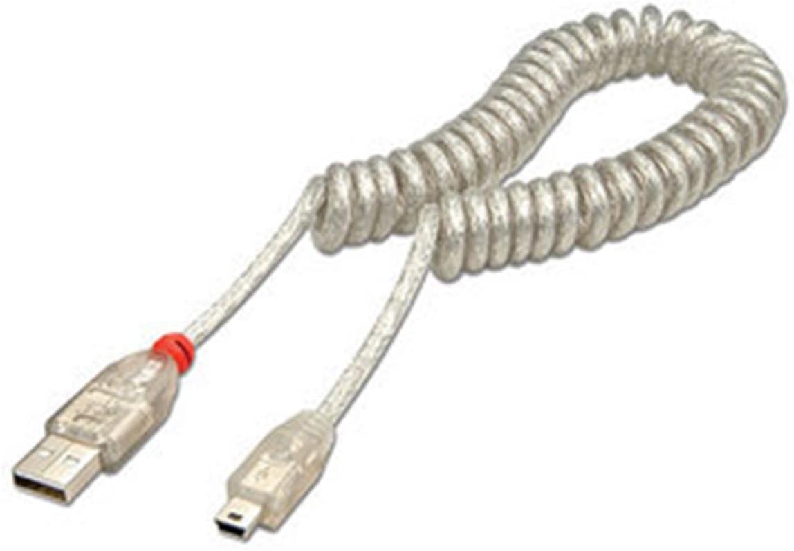 LINDY 2m USB 2.0 Coiled Cable Type A to mini B Transparent, 2 Meters