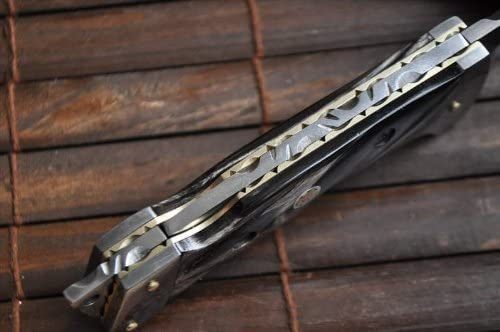 Perkin Custom made All Damascus Pocket Knife Horn handle, Silver - Image 3
