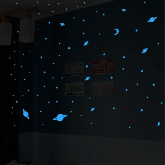 Ambiance Sticker Glow in the Dark Universe Wall Sticker Set, 150 Stars and Planets, Bright and Realistic, Decor for Kids Bedroom, Beautiful Wall Decal – Blue