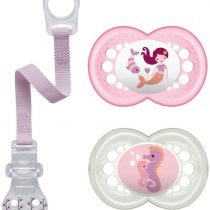 MAM Skin Soft Silicone Dummy 6-16 Months Girl Set of 2 Including Sterilising Transport Box and NIP Dummy Strap