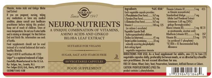 Solgar Neuro-Nutrients Vegetable Capsules - Pack of 60, White, 1 count (Pack of 60) - Image 2