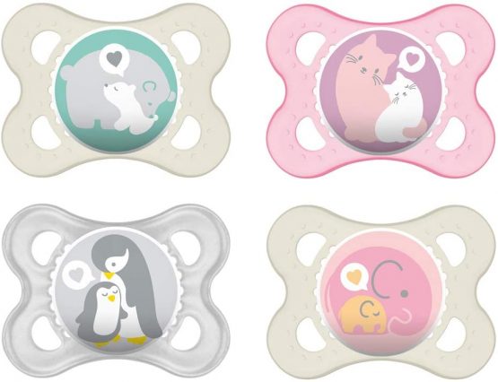 Mam natural rubber latex dummy, ages 0-6 months, set of 4, including 2 sterilised transport boxes