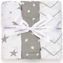 Bloomsbury Mill - Pack of 3 x Large Soft Muslin Swaddles - Pram & Nursing Cover - 100% Pure Organic Cotton Muslin in Gifting Ribbon - 120cm x 120cm - Stars, Chevrons & Polka Dots - Grey & White