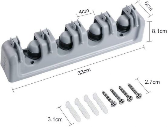 Vicloon Broom Mop Holder Tidy Organizer, Wall Mounted Organizer with 4 Position 5 Hooks for Brush Mop and Broom Tool Storage - Image 2