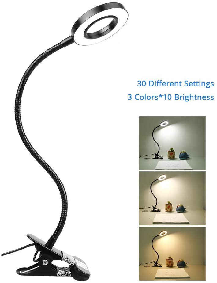 Woputne Desk Lamp Clip Light, 10 Dimmable Brightness 3 Light Modes Reading Light, Clamp Bedside Lamp for Painting Craft, Study (Black)
