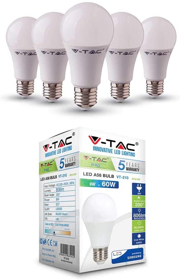 V-TAC 5 Pack E27 LED Light Bulb 9W (Replaces 60W) Cool White, 6400k