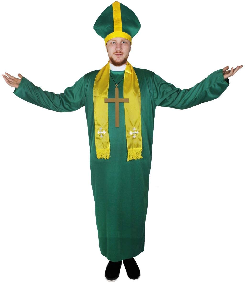 Irish Priest Costume, XLarge, Green Robe With White Clerical Collar + Gold Stole + Green & Gold Priest Hat + Cross