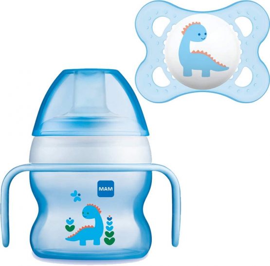 MAM Starter Cup and MAM Handles with 0+ Months Start Soother, Baby Cup for 4+ months, Baby Feeding, 1x 150 ml, Blue (Designs May Vary)