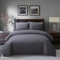 Sleepdown Soft Hotel Quality 225 THREAD COUNT POLYCOTTON Satin Stripe Duvet Cover Set With Pillowcases in Grey Colour(Double)