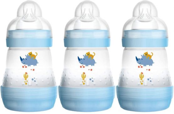 MAM Easy Start Self Sterilising Anti-Colic Baby Bottle 3 Pack (3 x160 ml) with Slow Flow MAM Teats, Newborn Essentials, Blue (Designs May Vary)