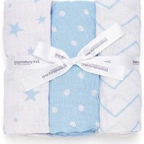 Bloomsbury Mill - Pack of 3 x Large Soft Muslin Swaddles - Pram & Nursing Cover - 100% Pure Organic Cotton Muslin in Gifting Ribbon - 120cm x 120cm - Stars, Chevrons & Polka Dots - Blue & White