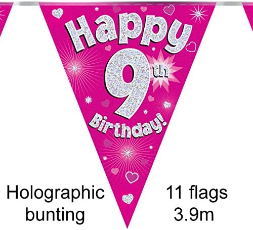 Party Bunting Happy 9th Birthday Pink Holographic 11 flags 3.9m