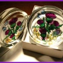 Decorative Hand Painted Stained Glass Paperweight in a Scottish Flowers Design.