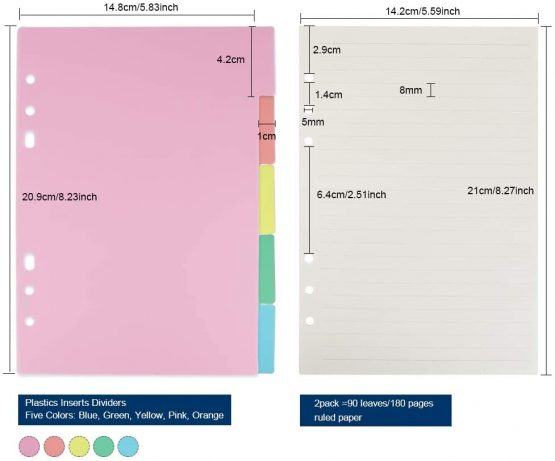 FANDAMEI A5 Ruled Refills Paper with 6 Ring Binder Cover Accessories Set - PP Notepaper Protector + 90 Sheets Refillable Lined Paper + Index Divider + 2 Pcs Binder Envelope Pockets + Ruler + Labels - Image 4