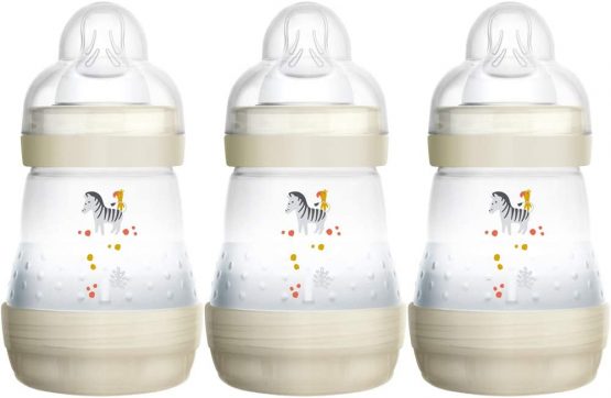MAM Easy Start Self Sterilising Anti-Colic Baby Bottle 3 Pack (3 x160 ml) with Slow Flow MAM Teats, Newborn Essentials, White (Designs May Vary)