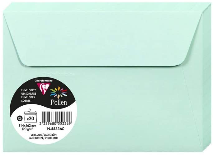 Clairefontaine 55336C Pack of 20 Self-Adhesive Envelopes Format C6 (11,4x16,2cm) 120gsm Colour Jade Green Invitation Events Correspondence Pollen Range Premium
