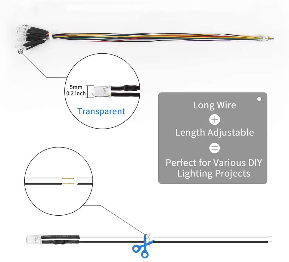YIXISI 100 PCS 5mm LED Diodes Light 5 Color (Each Color 20 PCS) Ultra Bright 12V 20cm Pre Wired, LED Diodes Light - Image 4