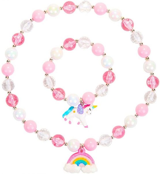 Girls Rainbow Neckace Unicorn Bracelet Set,Unicorn Jewellery,Great Costume Jewelry for Children Pretend and Dress Up-Pink