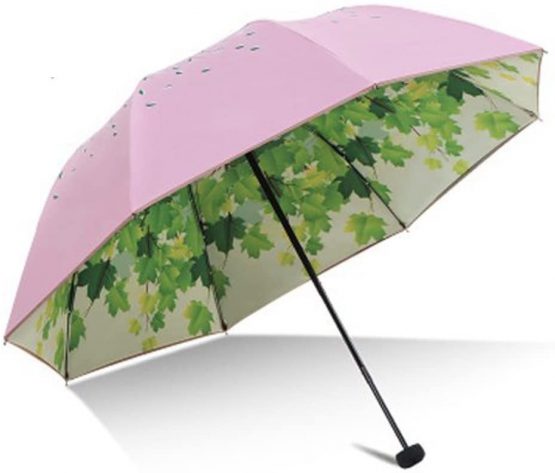 Green Tree Leaf Folding Travel Sun Umbrella Double Layer Sunblock UV Protection UPF 50+ Rain Resistant Compact Size Parasol Fold into Pocket (Pink)