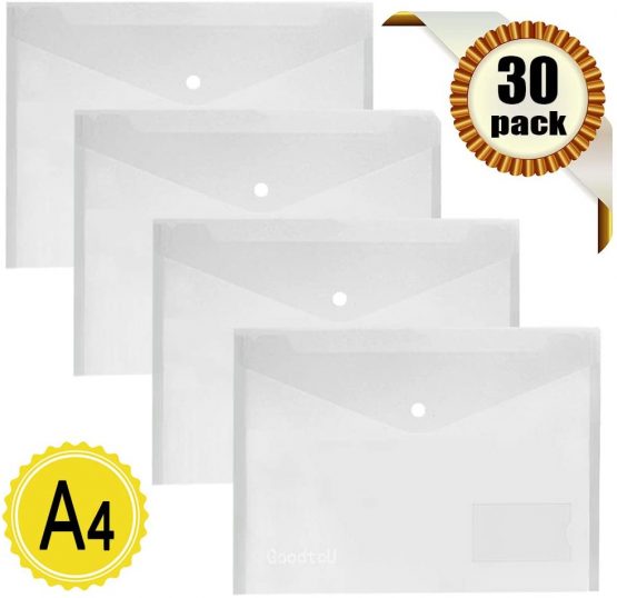 Clear Plastic Wallets A4-30 Pack Plastic Folders Document Wallets Files Popper Wallets with Pocket