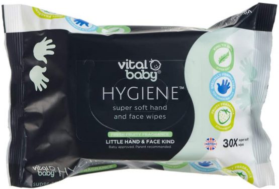 vital baby HYGIENE Super Soft Hand and Face Wipes, Gentle Cleansing Wipes, Fresh Fruity Fragrance, Hypoallergenic, Alcohol Free, (Pack of 30)