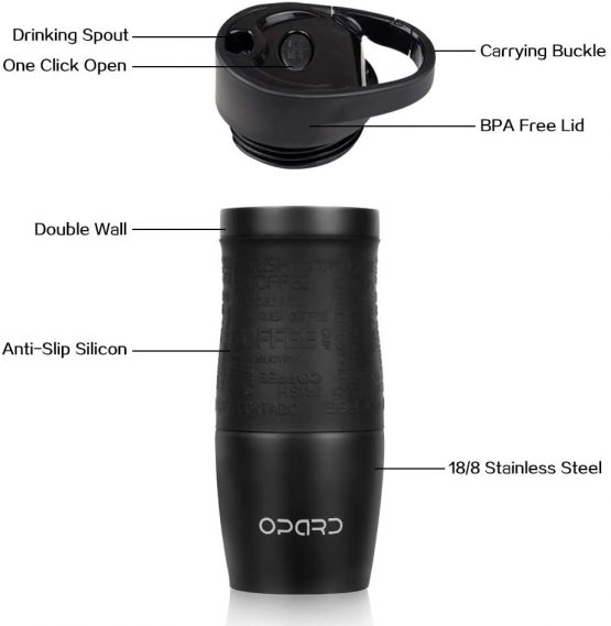 Opard Travel Mug Leakproof 350ml(12oz) Double-Walled Vacuum Insulated Stainless Steel Coffee Mug BPA Free for Men and Women (Black) - Image 4