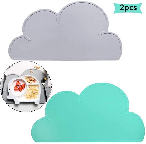Kids Placemats, BETOY 2PCS Silicone Childrens Placemat Kids Placemats Cloud Shape Non Slip Foldable Portable Heat Resistant Kids Tableware for Toddlers Infant - Grey, Green