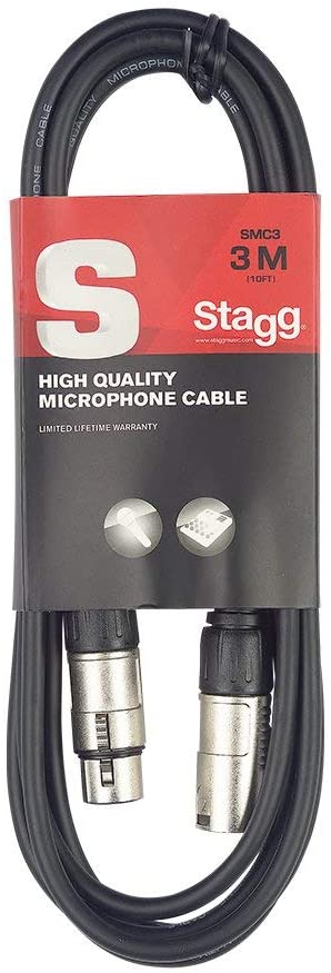 Stagg 3m XLR to XLR Microphone Cable - Balanced 3‑Pin Male to Female Lead with Secure Connectors, Black, 3 meters
