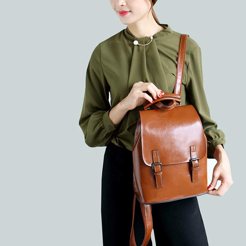 Card Boy Vintage Bright Oil-Wax Leather Backpack Multifunction Purse for Woman School Bag for Girls Fashion Travel Bag - Black - Image 2