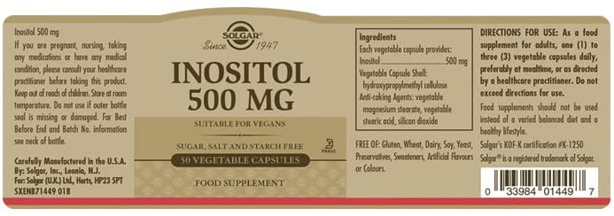 Solgar Inositol 500 mg Vegetable Capsules - Pack of 50 - Image 2