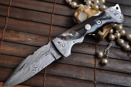 Perkin Custom made All Damascus Pocket Knife Horn handle, Silver - Image 2
