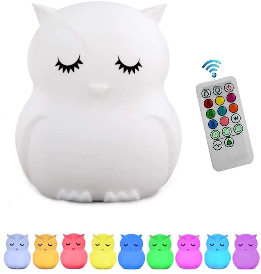 Tianhaixing Owl Night Light for Kids Rechargeable LED Bedside Lamp for Children 9 Changing Color Silicone Nursery Lamp for Breastfeeding Eyes Caring