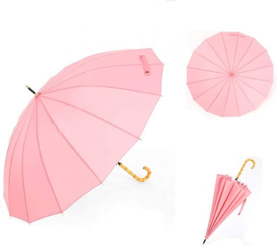 ThreeH Golf Umbrella Windproof and Rainproof Auto Open Bamboo Hook Handle Stick Umbrella KS08,Pink - Image 2