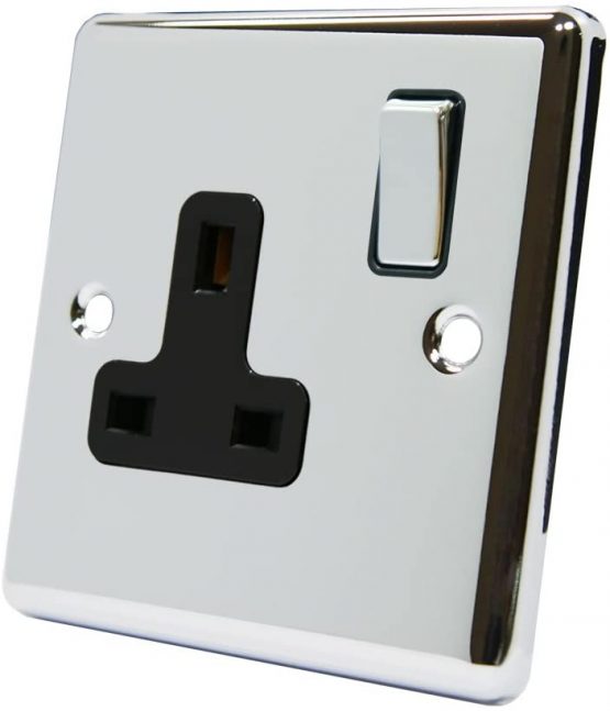AET CPC1GSOCBC Polished Chrome Classical 1 Gang Black Insert Metal Rocker Switch-13 Amp Single Plug Socket