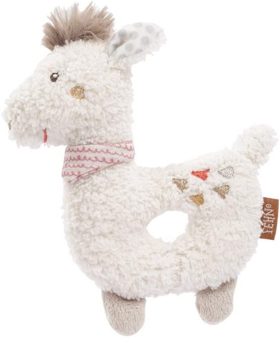Fehn 058154 Ring Grabber Lama/Motorics Toy with Rattle - Treuer companion for babies and toddlers from 0+ months Beige