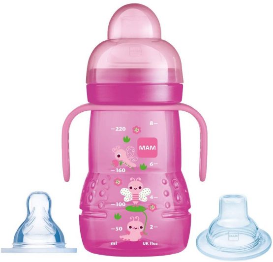 MAM Trainer+ 220 ml, Baby Cup Suitable from 4+ Months, Trainer Cup for Independent Drinking, Spill-Free Toddler Cup, Pink (Designs May Vary)