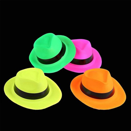 The Glowhouse Premium 12 x Neon Gangster Hats Plastic Fun Party Fedora UV Blacklight Glow - for Kids and Adults (Pack of 12) - Image 2