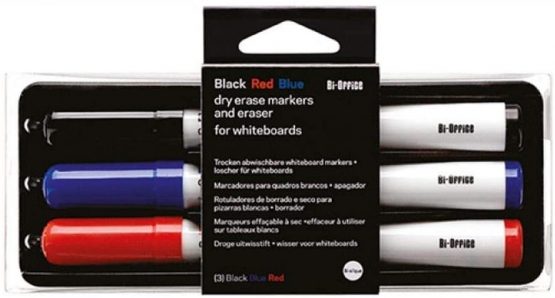 Bi-Office Non Magnetic Eraser with 3 Dry Wipe Markers