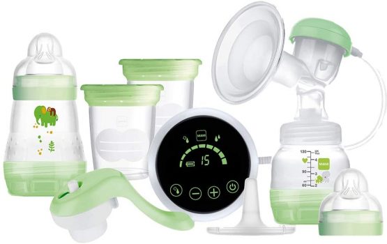 MAM 2-in-1 Single Electric Breast Pump, Flexible Use Electric and Manual Breast Milk Pump, Comforting Silicone Breast Pump, Green (Designs May Vary)