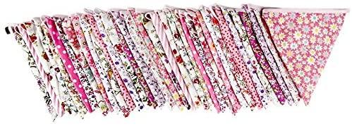 G2PLUS 36PCS Double Sided Fabric Bunting, 10M Pink Floral Cotton Banner - Image 3