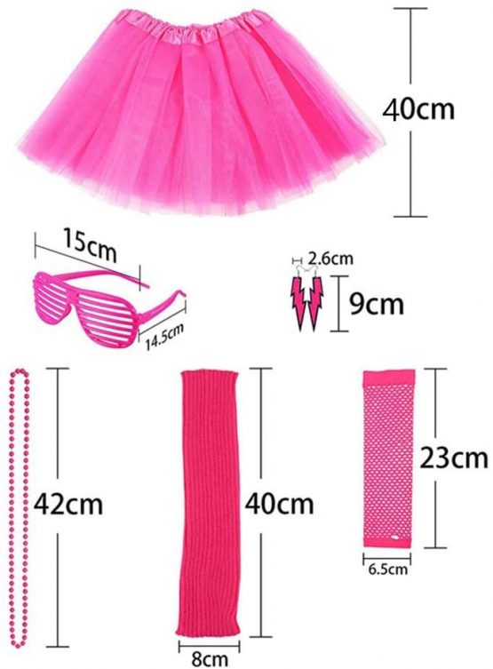 80s Fancy Party Costume Accessories Set,Adult Tutu Leg Warmers Fishnet Pink Gloves Neon Necklaces Bead 80s Lace Bow Headband Lighting Earrings Sunglasses,1980s Fancy Dress Girls Women Night Out Party - Image 2