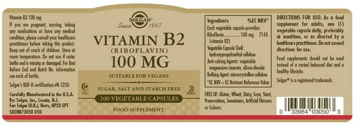 Solgar Vitamin B2 (Riboflavin) 100 mg Vegetable Capsules, Pack of 100, Supports Energy Production - Image 2